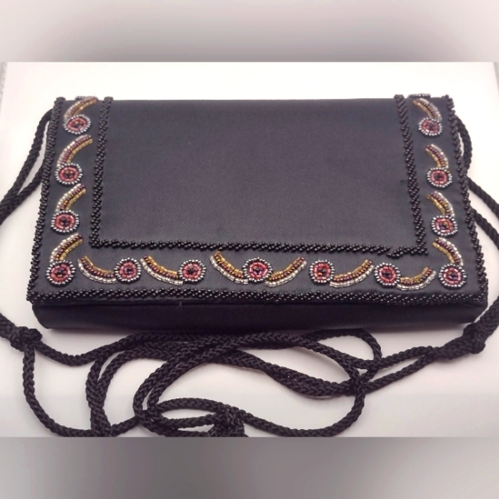 Vintage 1980s Black Beaded Evening Purse Made in Macau